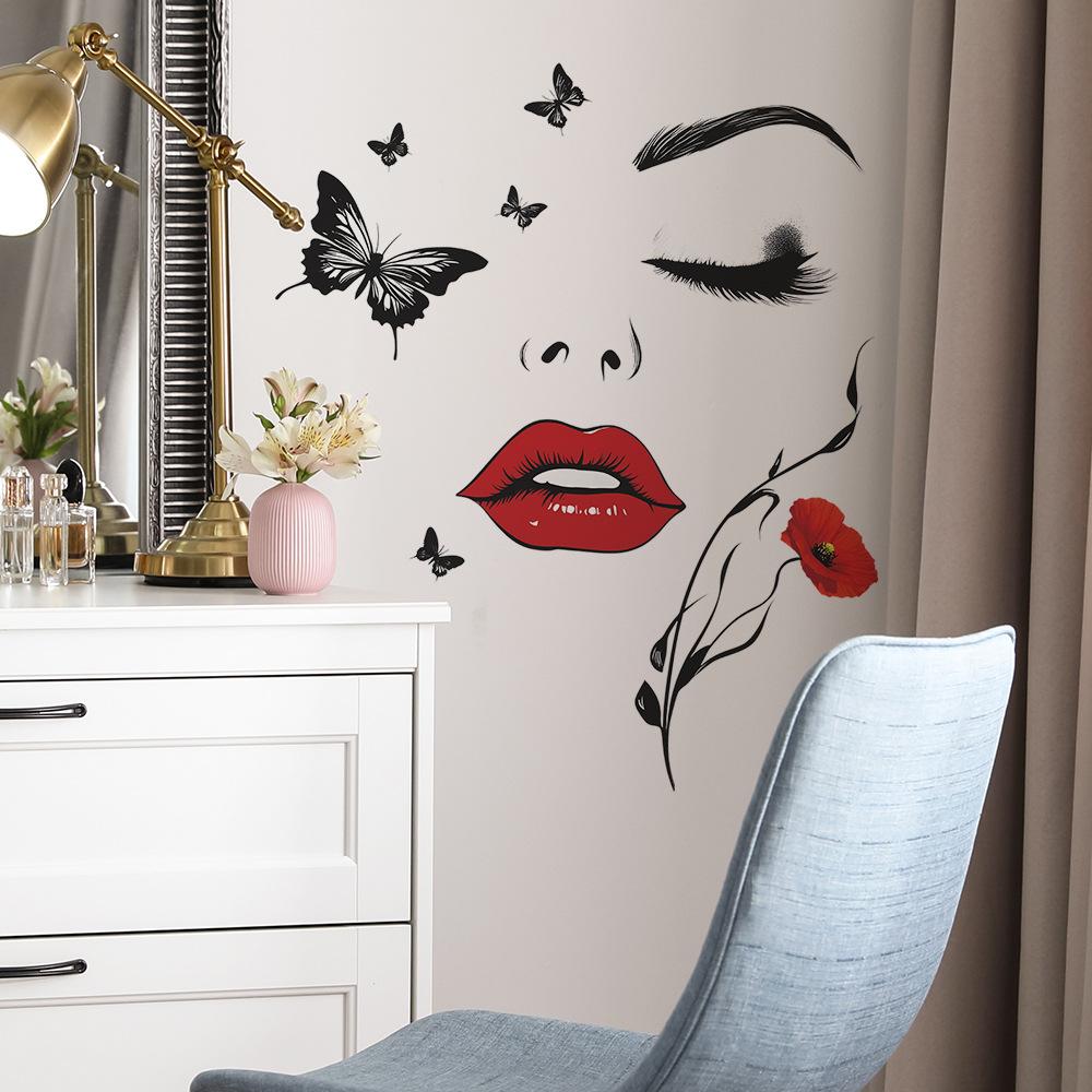 Beautiful Red Lips Woman Butterfly Wall Sticker Self-Adhesive Removable for Bedroom Living Room Entrance Home Decoration