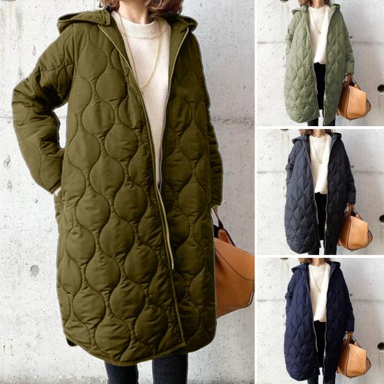 Fall Winter Women Jacket Hooded Zip-up Rhombus Texture Thin Padded Long Sleeves Mid Length Loose Work School Daily Coat