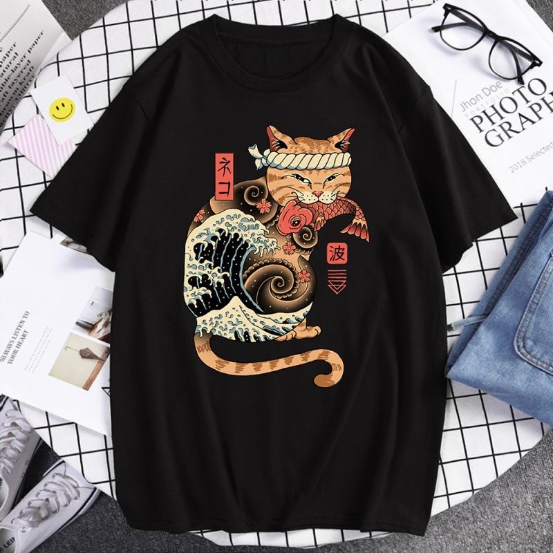 

Japanese Harajuku Samurai Sword Cat TShirt Unisex Women Casual Tee Clothes Cotton Summer Tops Breathable Oversized TShirts Couple S