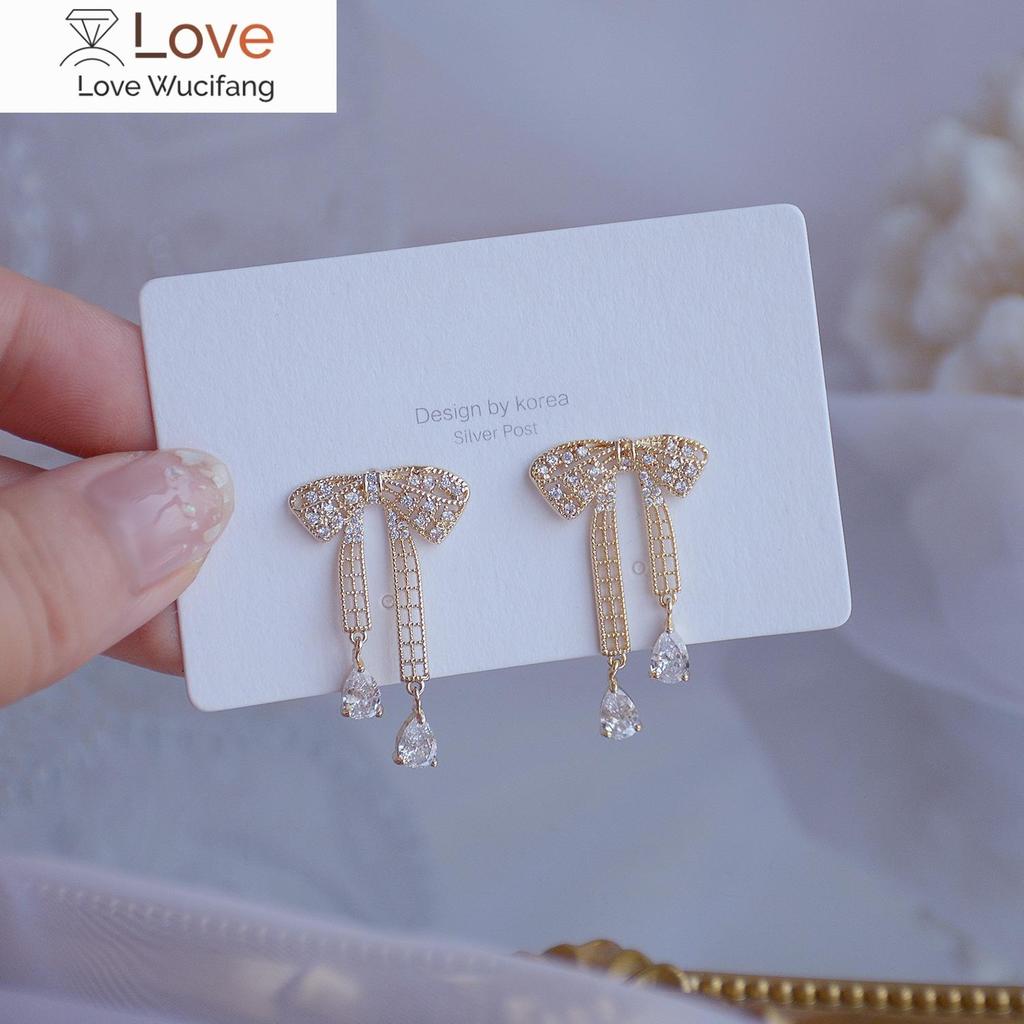 Exquisite Copper Inlaid Zirconium Sweet Bow Earrings 14K Real Gold Plated Women's Prom Party Wedding Earrings Korean Jewelry
