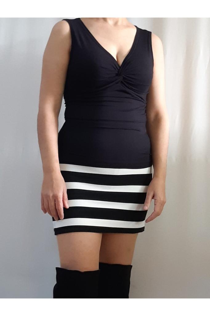 Women's Style Big Size T-Shirt Twisted Front Black Combed Viscose Badi