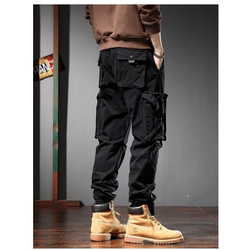 Men multi flap pocket cargo jogger pants drawstring ankle solid army green outdoor street casual trousers