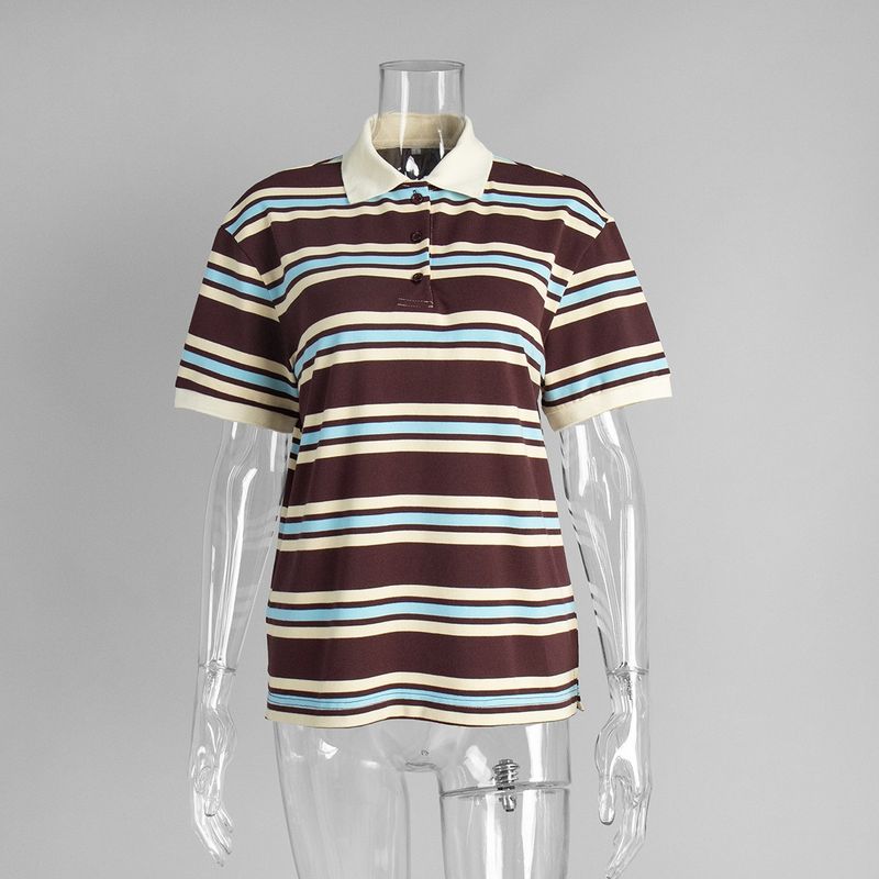 Western Style Fashion Casual Loose Stripe Short T-shirt Polo Shirt Fashion Striped Polo Shirt