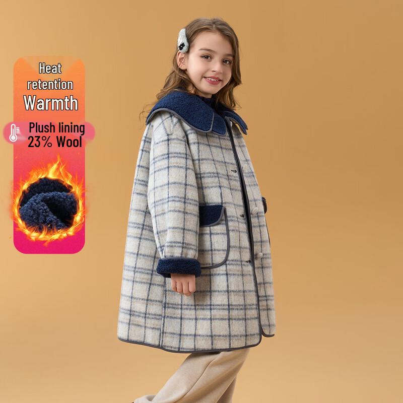 Girls Warm Plaid Wool Blend Tweed Coat 130