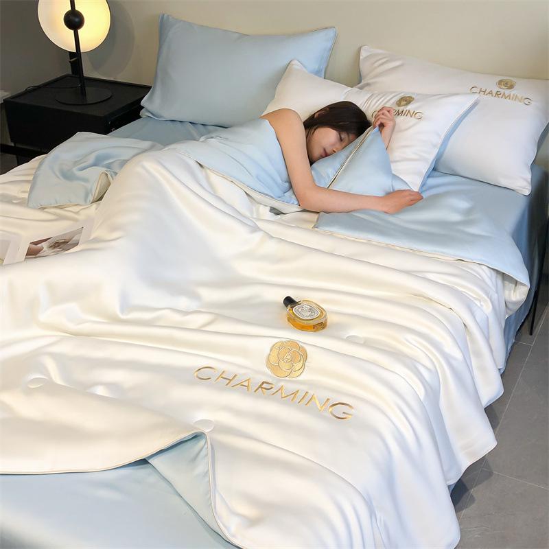 Class A Ice Silk Summer Quilt Set - Cooling, Water Washable, Embroidered, Air Conditioning Friendly, Thin Quilt for Naked Sleep
