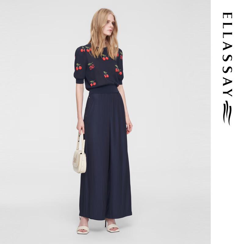 ELLASSAY Women's Retro Cherry Logo Hand-Knitted Short Sleeve Round Neck Sweater