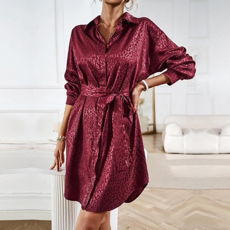 Elegant Women Long Sleeve Lace Up Dress Single Breasted Lapel Neck Autumn
