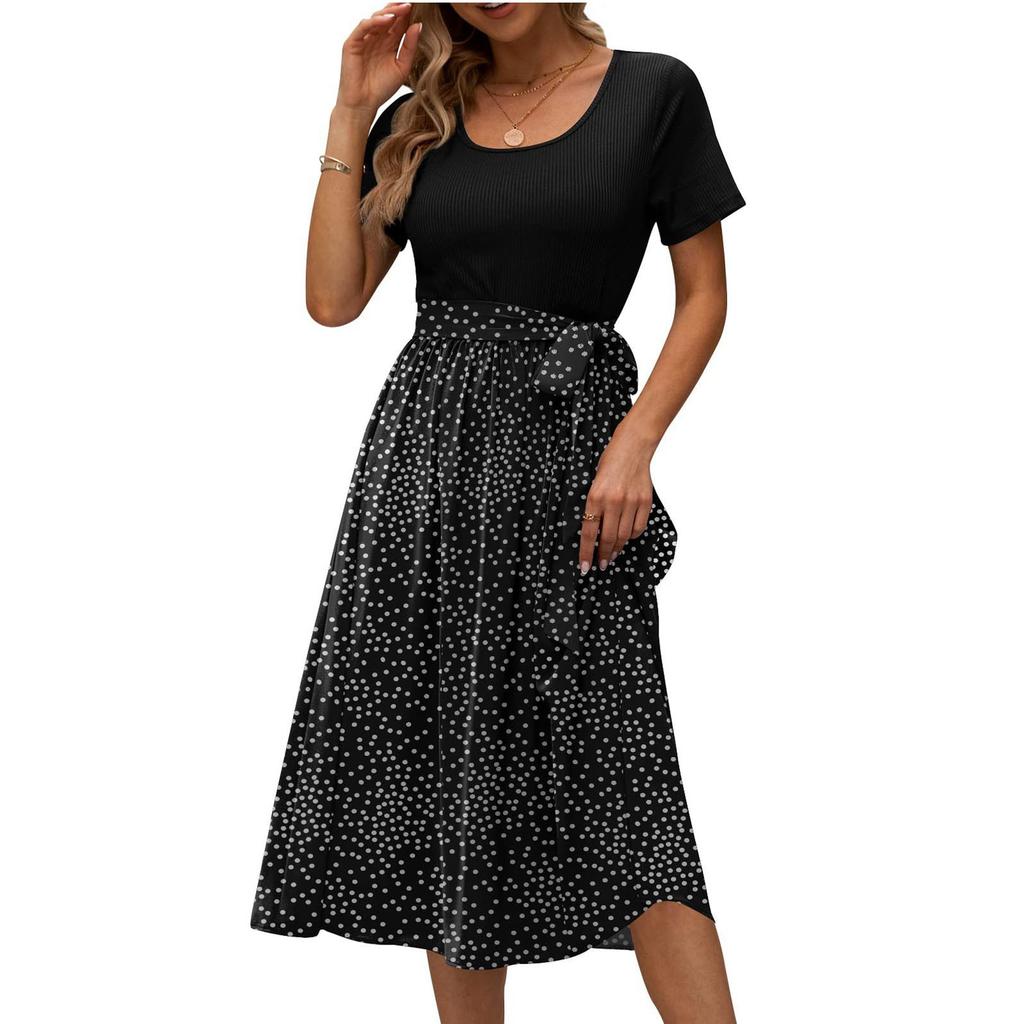 Midikleider Damen Blumendruck Patchworkkleid Kurzarm Rundhals Bequemes Alltagspartykleid