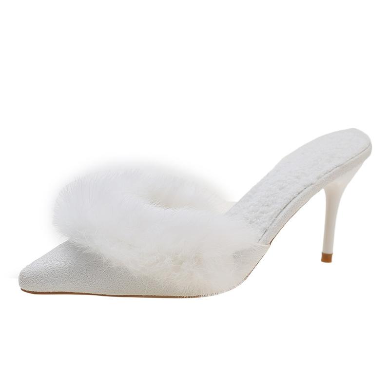 Весенние мюли-тапочки из искусственного меха женские с острым носом без застежки на тонком каблуке сандалии женские закрытые шлепанцы на коротком плюшевом подкладе 40 белый 2740₽