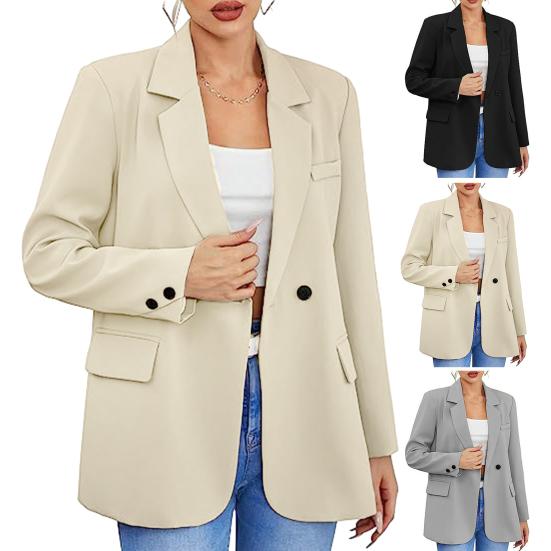 Women Fall Spring Suit Coat Formal Business Style Button Closure Cardigan Solid Color Plus Size Loose Lapel Long Sleeve Pockets OL Commute Jacket