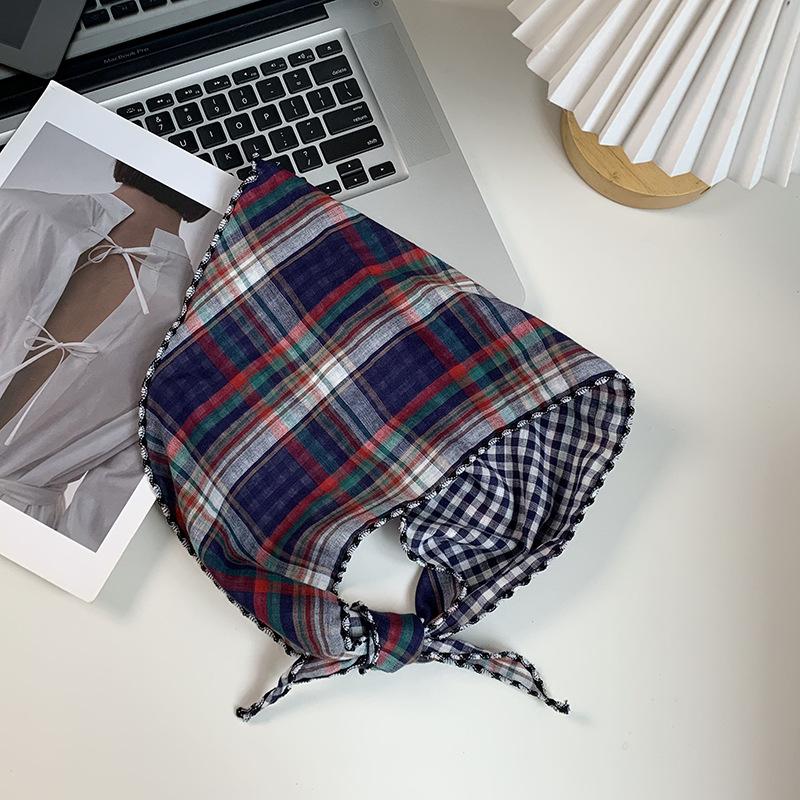 Triangle scarf scarf women's new small fresh literary plaid silk scarf neck protection small scarf sun protection headscarf headband