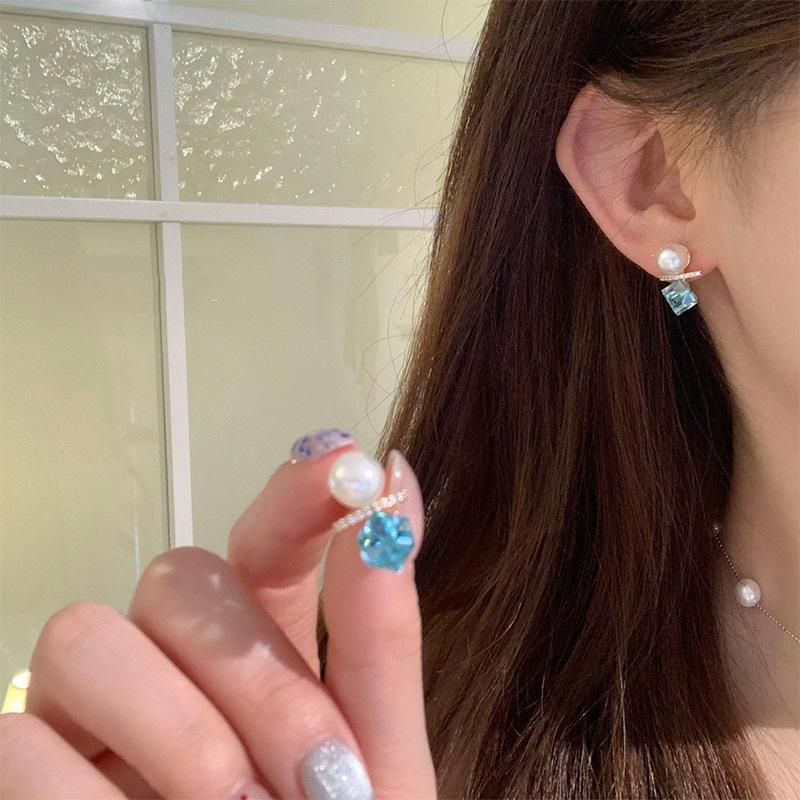 Zircon pearl square stud earrings light luxury temperament earrings niche high-end earrings women
