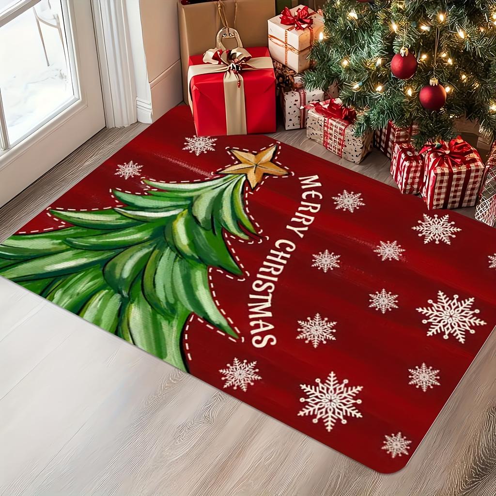 Christmas Snowflake Letter Star Tree Doormat, Machine Washable Flannel Rug with Back Glue for Indoor Outdoor Multi-Room Decor