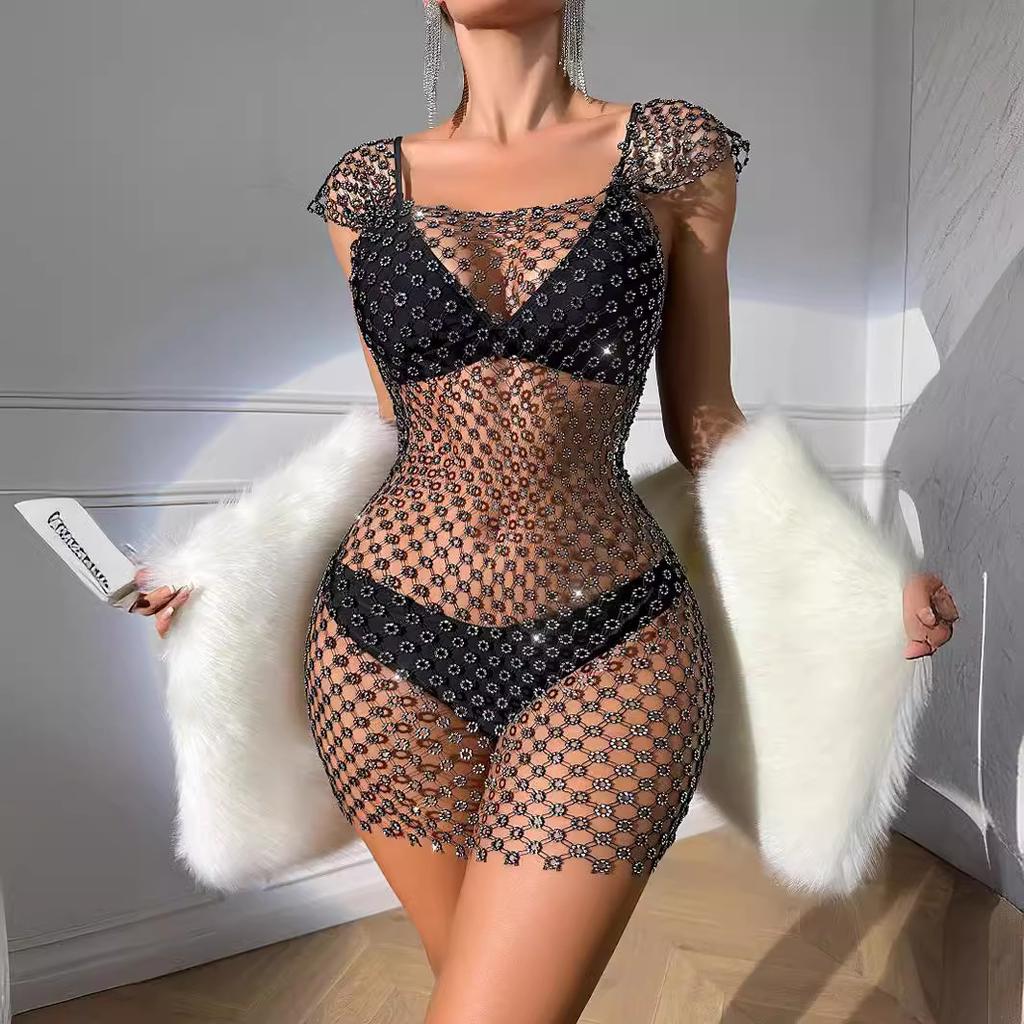Fashion 2025 Plum blossom fishing net bright diamond sexy dress 2
