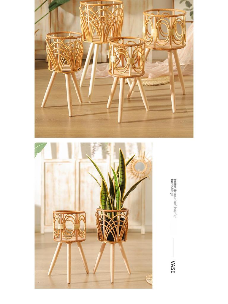 Triangle Floor-Standing Woven Rattan Flower Pot Stand