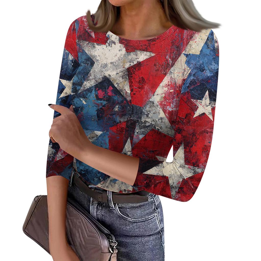 Women's Casual Fashion Round Neck Independence Day Print Three-Quarter Sleeve Ribbed Top