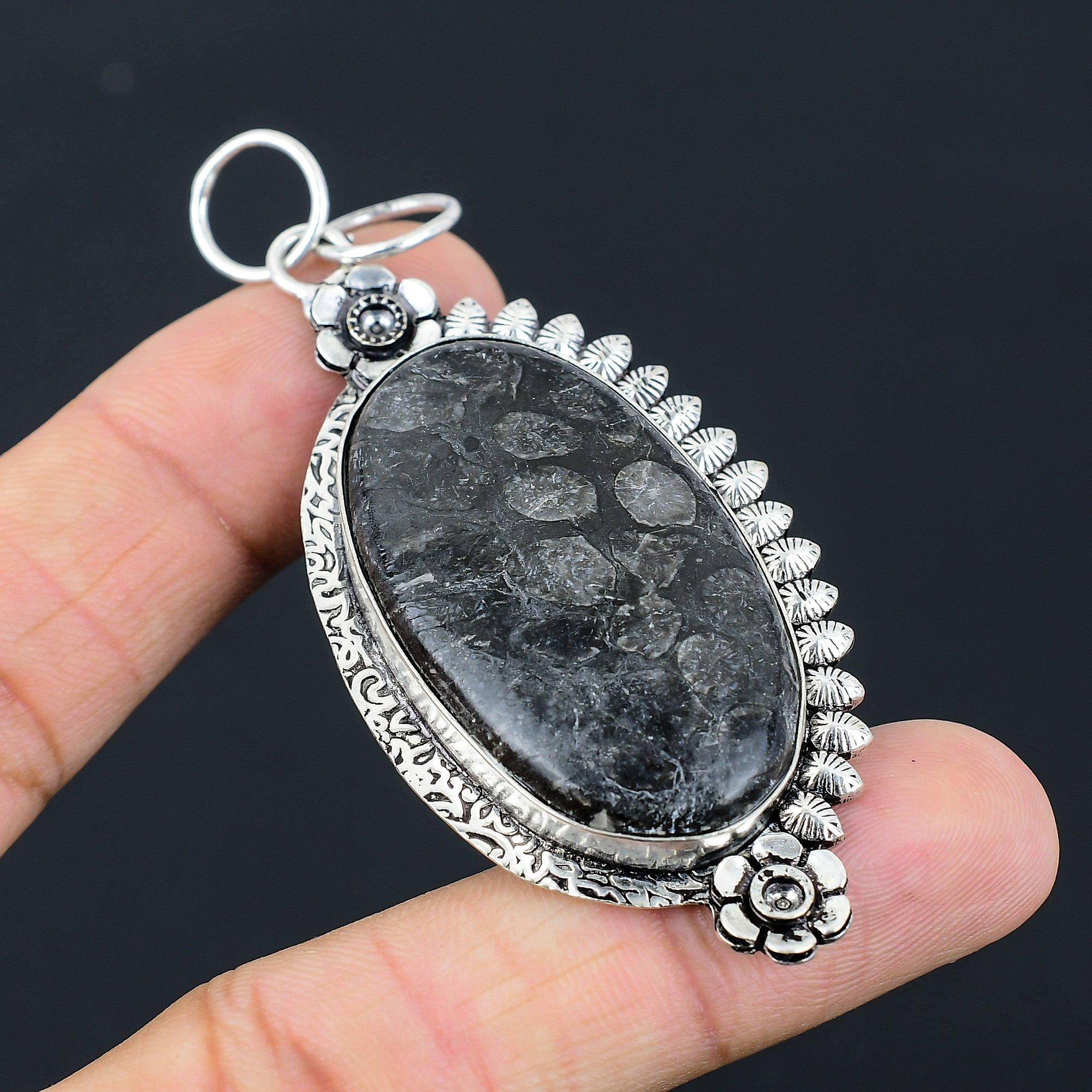 Daughters Day Sale Black Fossil Coral Gemstone 925 Silver Flower Wedding Pendant