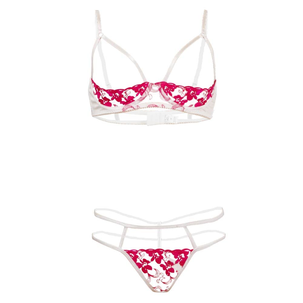 Black Omen Åpen Cup BH Cupless Kutt Hvit Mesh Sett, BH, Undertøy, Hull, Splitt, Shorts, Undertøy, (FJ302-Hvit + Rosa, L) bs105-l-FJ302-wh-pk