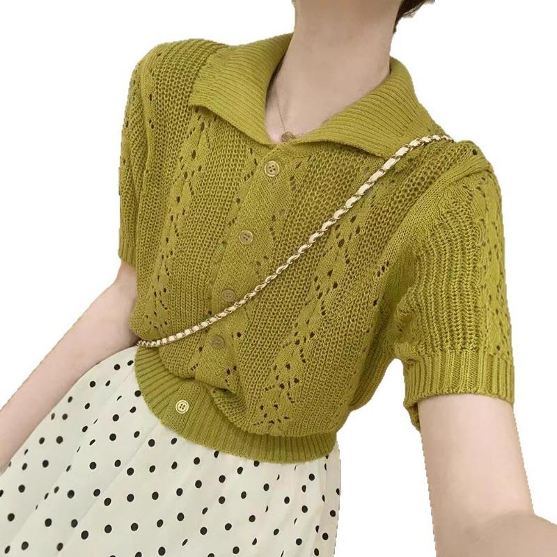 Summer Ice Silk Hollow Blue Lapel Short-sleeved Knitted Sweater Women's New Commuter Versatile Chic Polo Top