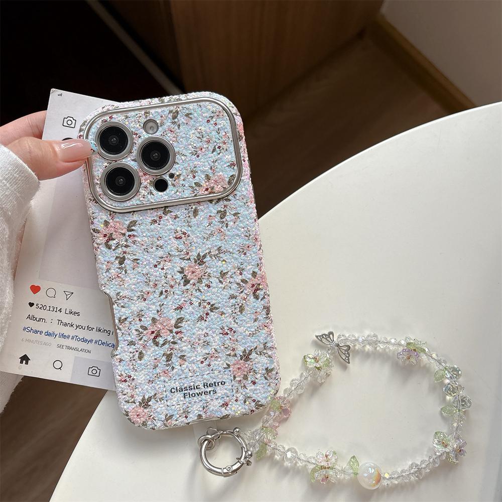 KEYSION Women Girl's Flower Phone Case for iPhone 14 15 16 17 Pro Max Rounded Edges Shockproof Cover with Bead Bracelet Chain