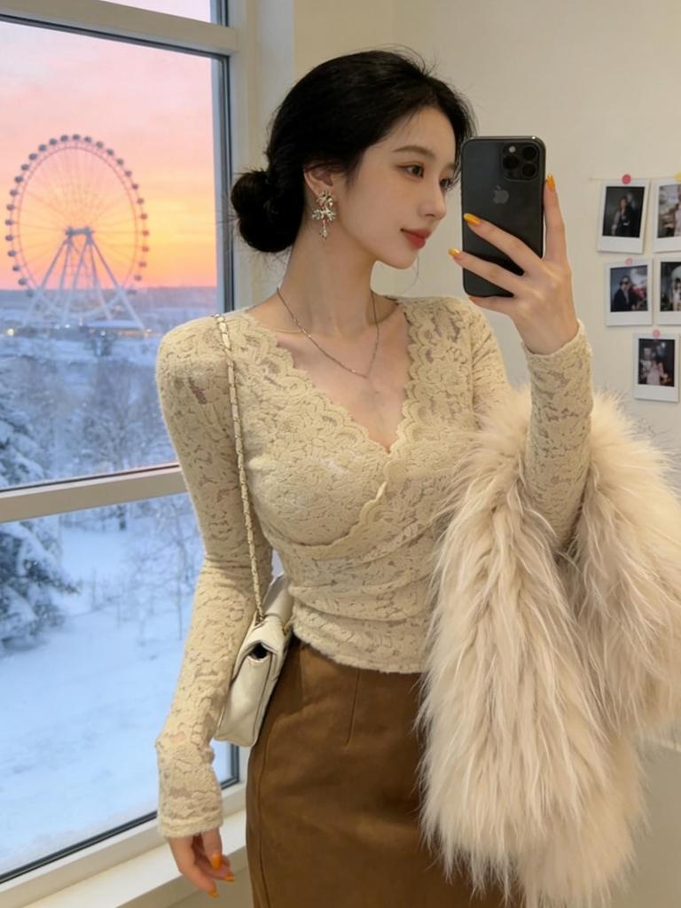 Women's Pure Desire Slim Fit Purple Cross Charm Lace Top with Velvet - Long Sleeve for Autumn & Winter