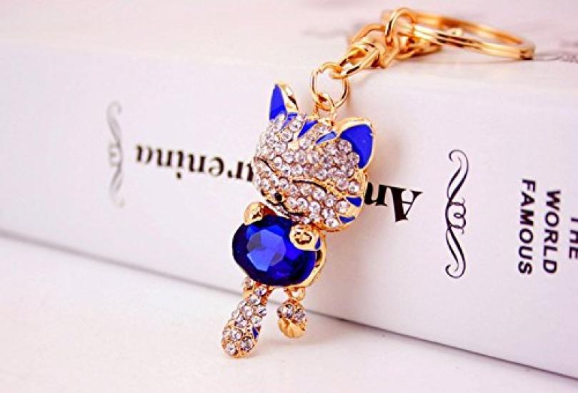 [BERUKO] Soothing, Smiling, Cute Cat, Happy Kitty, Sparkling Stone Keychain (Blue)