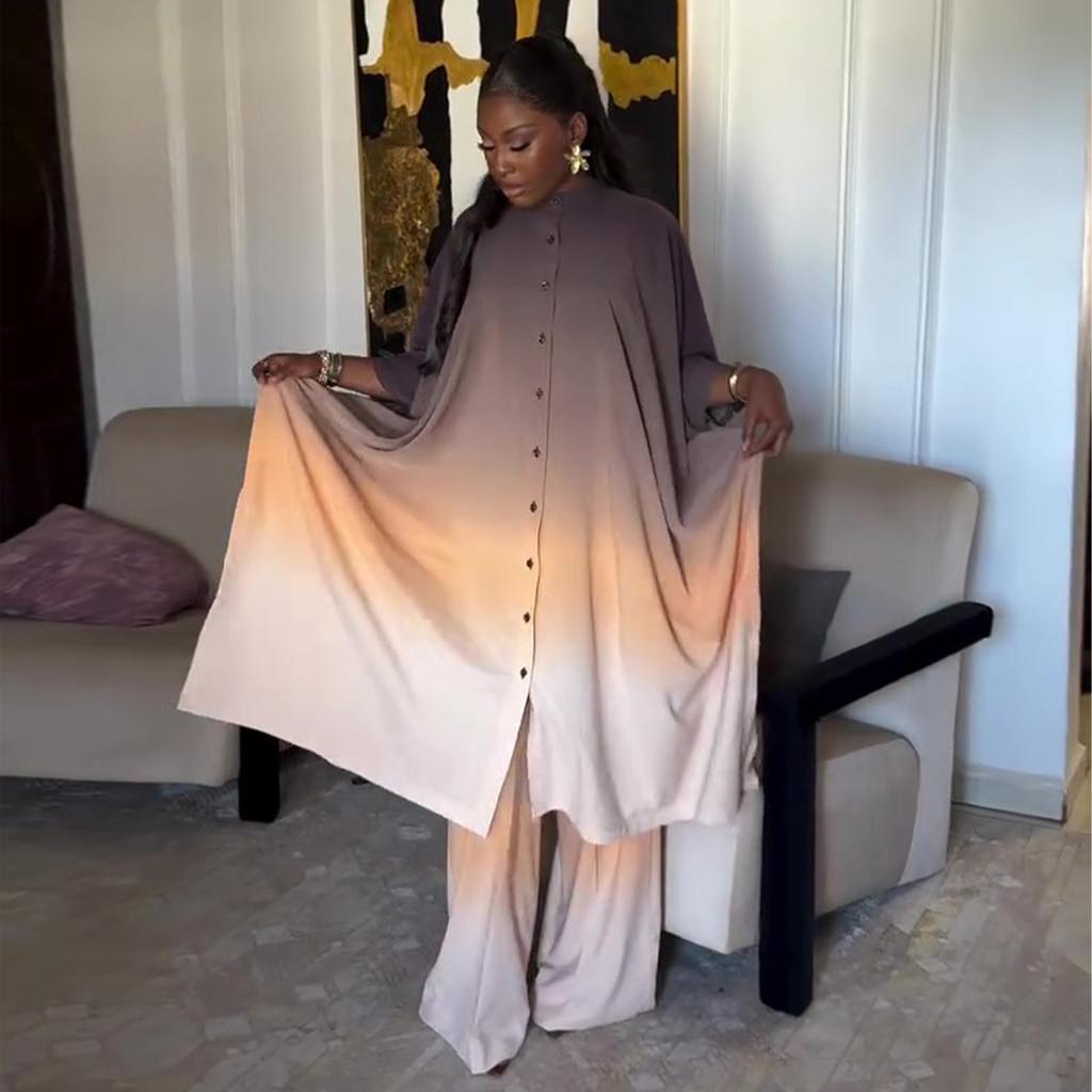 2026 Spring New Stand Collar Bat Sleeve Gradient Wide-Leg Pants Casual Loose Top Two-Piece Set