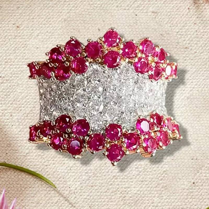 Huitan Aesthetic Design Women Two Tone Ring for Wedding Trendy Charming Accessories Anniversary Jewelry Gift with Red/White CZ
