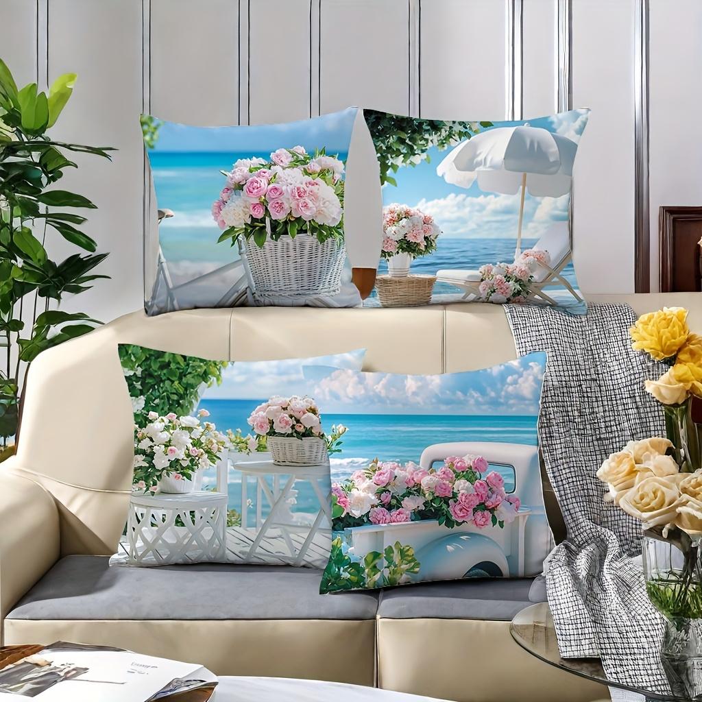 Beach Scenes With Flowers Printed Decorative Cushions Polyester pillowcase, sofa decorative cushion cov Headboard Pillow