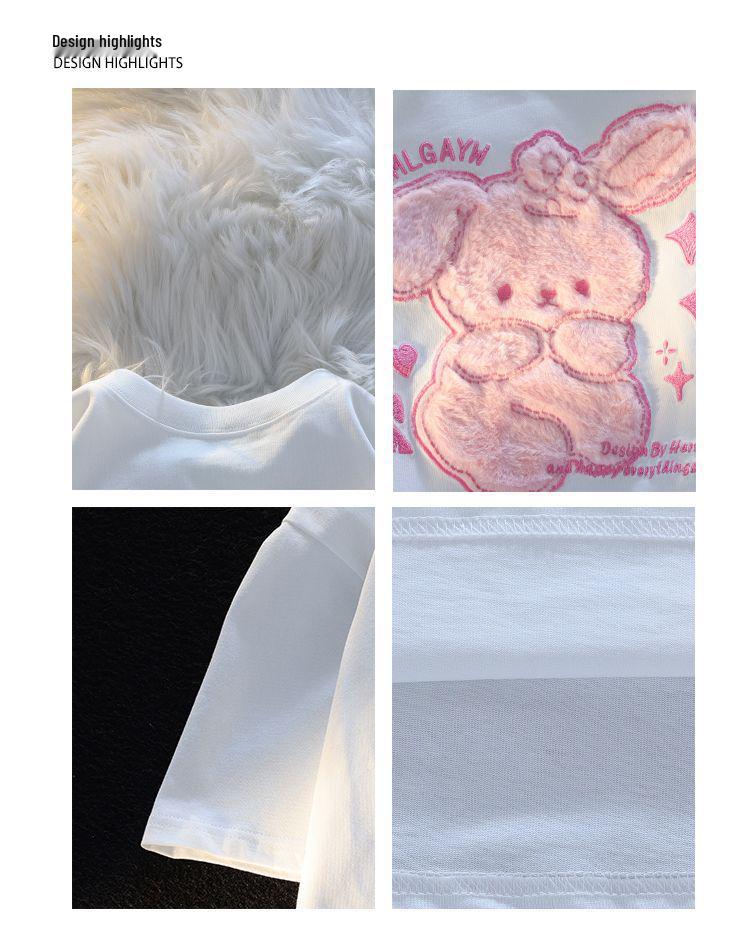 Women's Summer Heavyweight Embroidered Cartoon Rabbit Cotton T-Shirt – Loose, Short-Sleeved Design