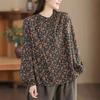 Damen T-Shirts mit Vintage-Print und Blumenmuster, lange Ärmel, O-Ausschnitt, Frühlings-T-Shirts, doppelte Baumwolle, weiche, lockere Damen-T-Shirts