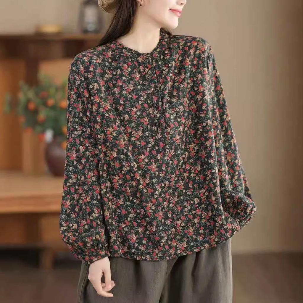 Damen T-Shirts mit Vintage-Print und Blumenmuster, lange Ärmel, O-Ausschnitt, Frühlings-T-Shirts, doppelte Baumwolle, weiche, lockere Damen-T-Shirts