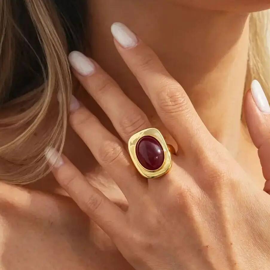 Ingemark Vintage Red Resin Acrylic Oval Open Knuckle Rings Women 2026 New Charm Geometric Metal Joint Ring Party Jewelry Gifts
