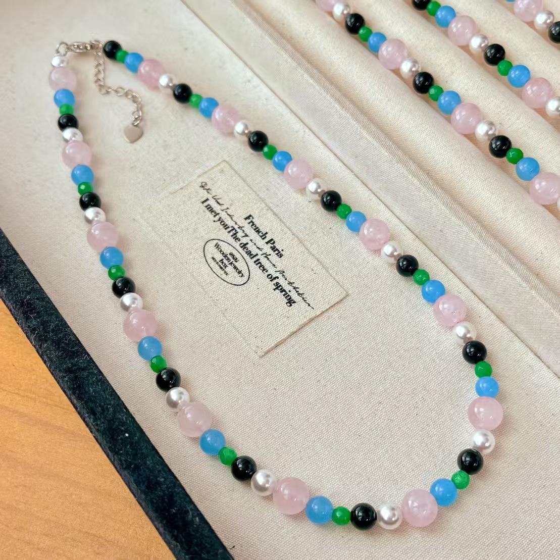 

Vintage Colored Quartz Rock Natural Black Agate Collarbone Chain Necklace