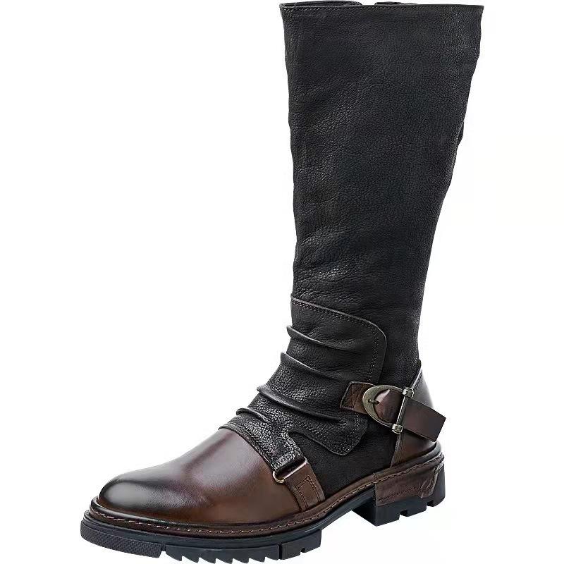 Square Heel High Top Men's Boots Large Size Winter Brown Sewing Line Solid Color Captain Jack Round Top Martin Boots