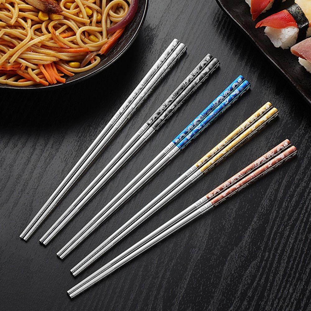 5 Pairs Mold-resistant Stainless Steel Dragon Patter Chopsticks Sushi Chopsticks  Home