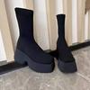 Black Casual High Chunky Heeled Sock Boots Woman Hided Wedge Platform Female Casual Shoes Wedge Lady Knitting Short Ankle Boots