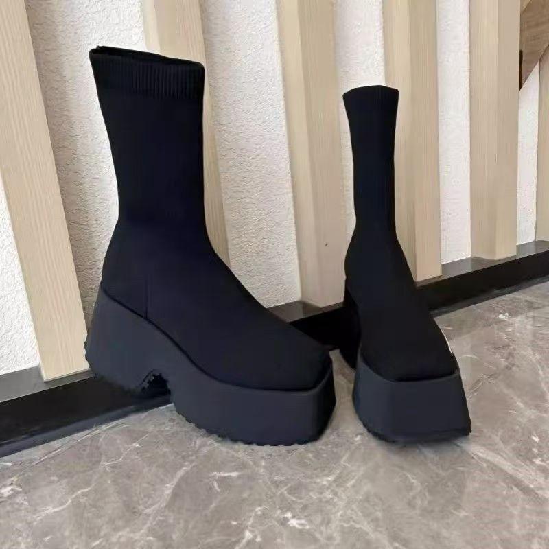Black Casual High Chunky Heeled Sock Boots Woman Hided Wedge Platform Female Casual Shoes Wedge Lady Knitting Short Ankle Boots