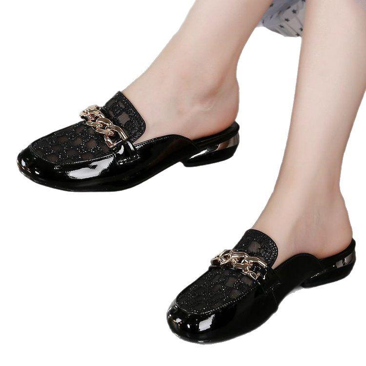 Summer 2025 Women's Chain Mesh Pointed Toe Chunky Low Heel Mules