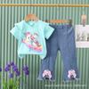 Girls Summer Cute Cartoon Short Sleeve Tee And Bow Knot Jeans Two Piece Set Casual Outfit