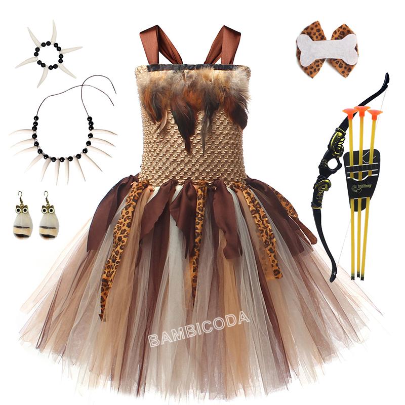 Höhlenmädchen Kostüm für Mädchen Wilder Mann Cosplay Geburtstag Dschungel Karneval Partykleider Ausgefallene Tutus Outfit Halloween Tutu Kleid