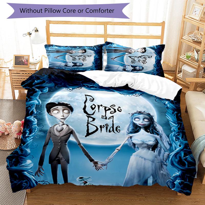 3-teiliges Trauerliebe Das Corpse Bride Muster Bettwäsche-Set Bettbezug-Set beinhaltet Bettbezug & Kissenbezüge, perfekte Ganzjahres-Schlafzimmerdekoration & Geschenk