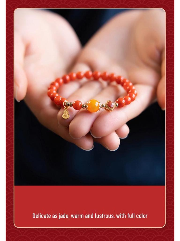 Red Agate & Amber Beaded Bracelet with Ruby Four-Leaf Clover for Women