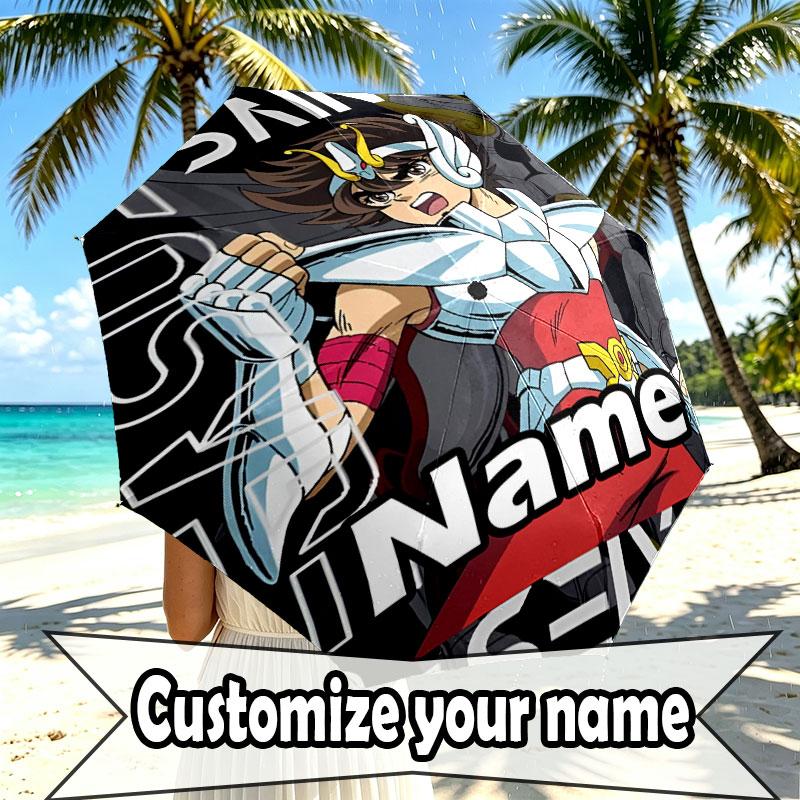 Custom Name Personalized Saint Seiya Print Umbrella, Auto Open Close, 8‑Rib Sturdy Frame, Commute Camping Hiking Use, Birthday Gift