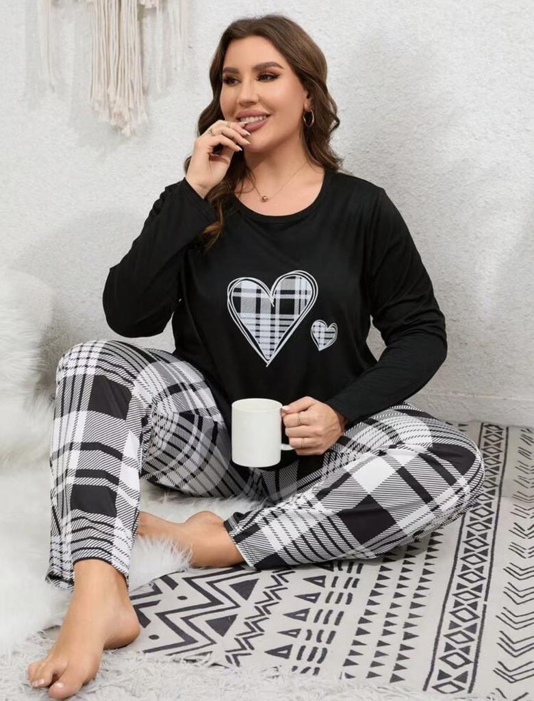 Plus-Size Curvy Women's Long-Sleeve Long-Pants Loose-Fit Casual Heart-Print T-Shirt Set