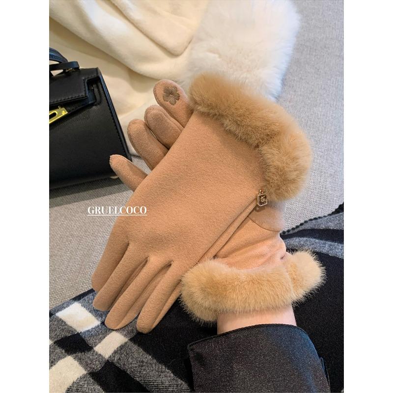 Tausend Gold Gefühl leichter Luxus Deutsch Plüschhandschuhe Damen Herbst und Winter Reiten Kälteschutz und warm Fingerlose Frotteehandschuhe