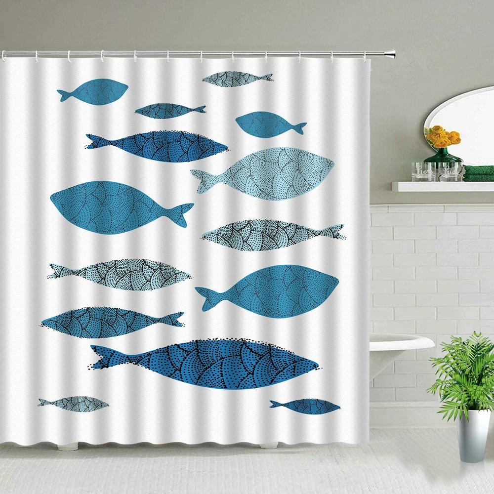Cortinas de Chuveiro Peixe Tubarão Desenhos Coloridos Vida Marinha Banheiro Infantil Decoração de Casa Conjunto de Cortinas de Tecido Telas de Banho Impermeáveis
