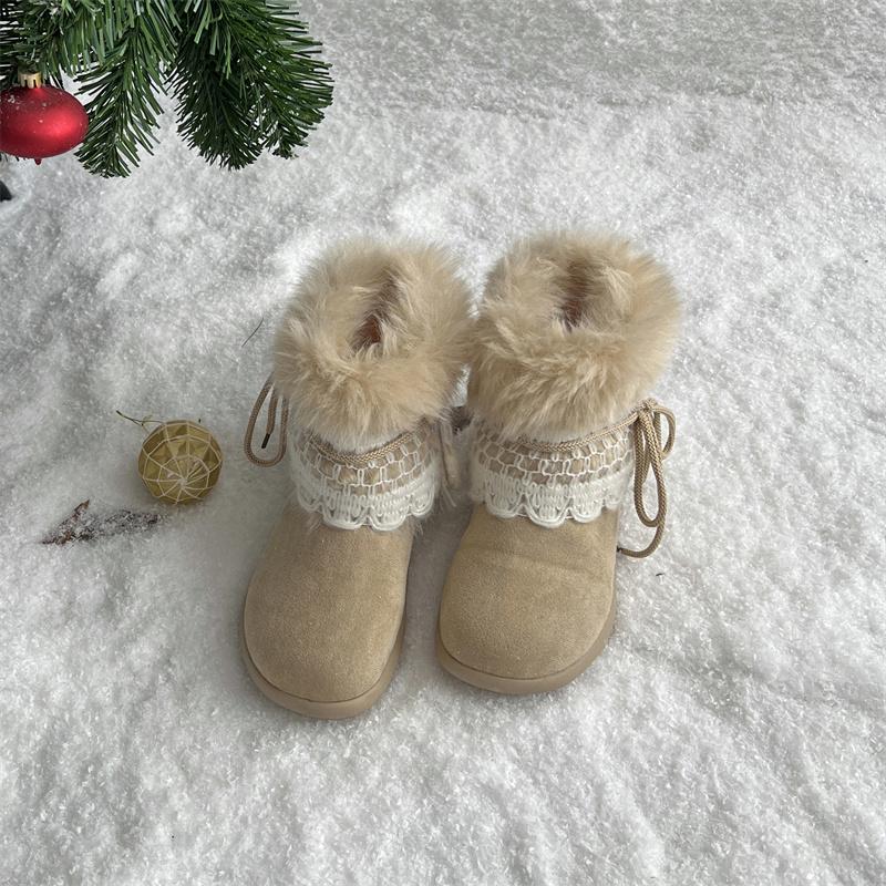 

Sweet Lace Decoration Furry Suede Snow Boots Women 2025 Winter Thick Bottom Fluffy Fur Ankle Boots Warm Plush Designer Shoes 40 бежевый