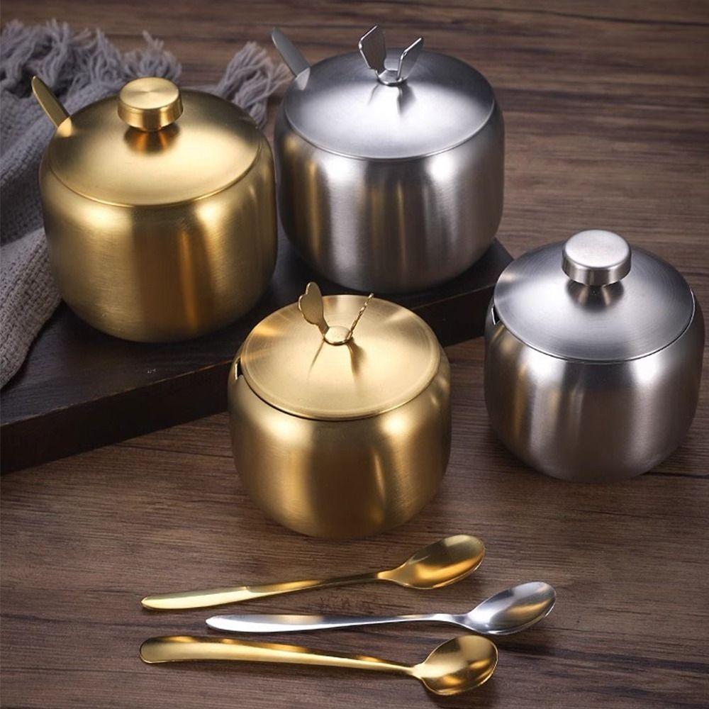 Borcan pentru Depozitare Condimente din Oțel Inoxidabil cu Capac cu Linguriță Borcan pentru Condimente Bol pentru Zahăr de Înaltă Calitate Bucătărie