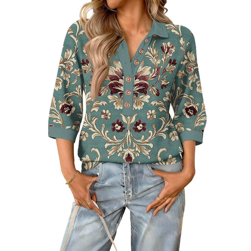 Damen modisches und lässiges Sommer V-Ausschnitt Patchwork Dreiviertelarm Retro Oberteil